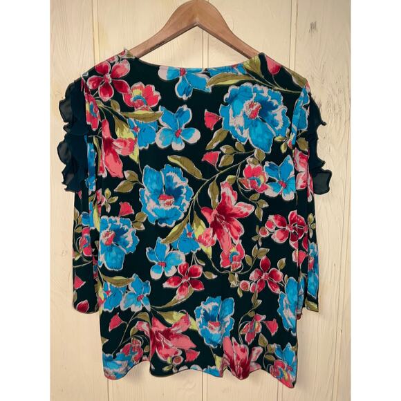 Susan Graver Top Womens Large Liquid Knit Lace Shoulder Detail Dark Floral Teal - Picture 4 of 8